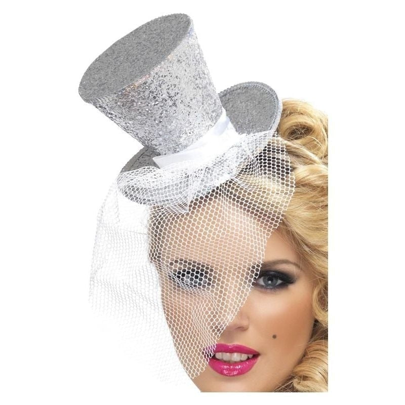 Mini Top Hat on Headband Silver Mesh Netting 1