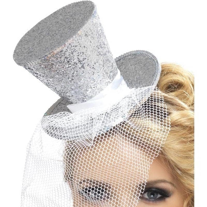 Mini Top Hat on Headband Silver Mesh Netting 2