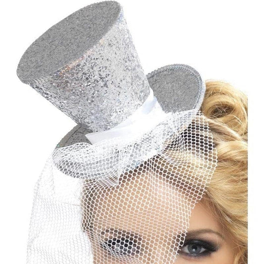 Mini Top Hat on Headband Silver Mesh Netting 2