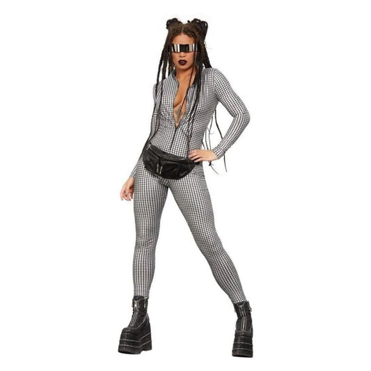 Fever Miss Whiplash Disco Holographic Costume Zip Up Silver and Black Catsuit 1