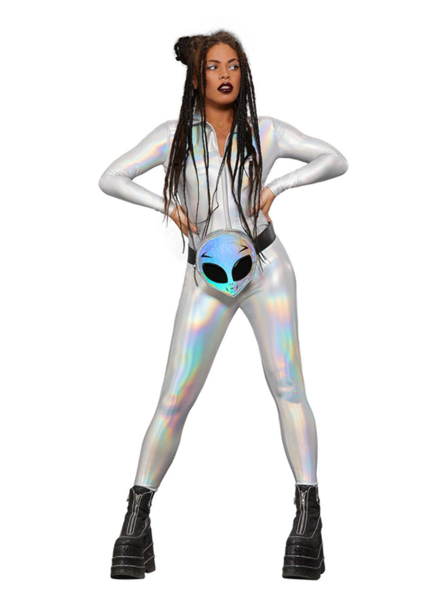 Fever Miss Whiplash Mirror Holographic Costume Adult Silver Catsuit_2