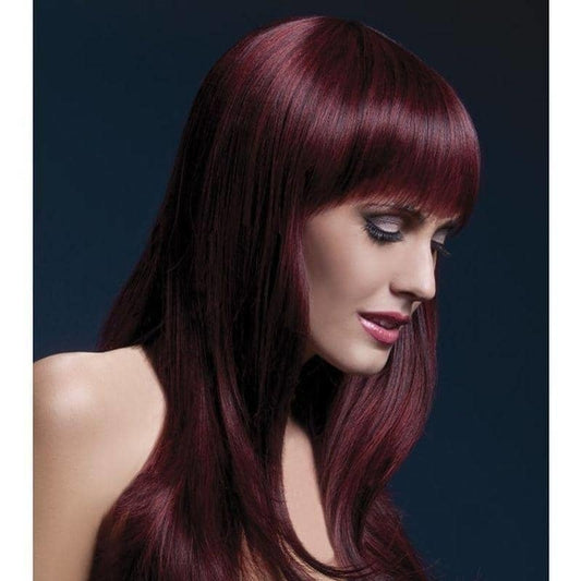 Fever Sienna Wig Adult Black Cherry Long Feathered with Fringe 66cm Costume Accessory 2