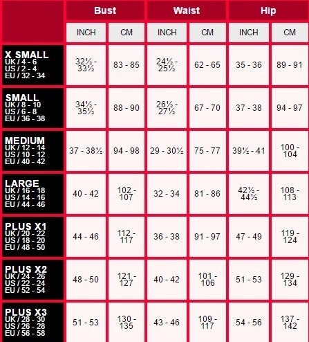 Size Chart Fever Space Unitard