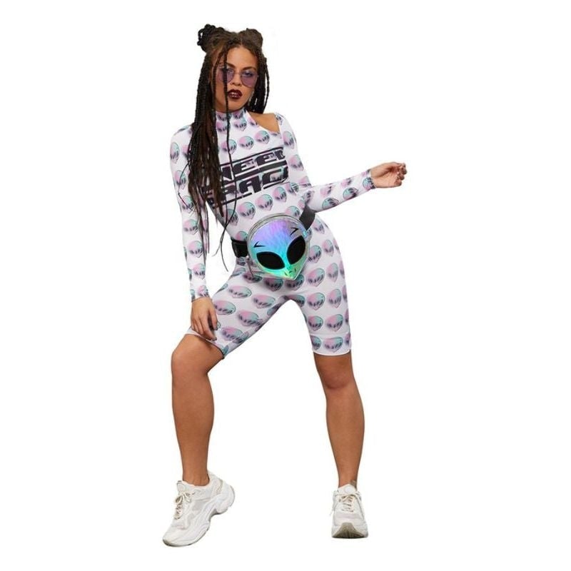 Fever Space Unitard Adult White All In One with Printed Alien Faces 1