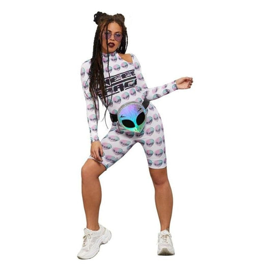 Fever Space Unitard Adult White All In One with Printed Alien Faces 1