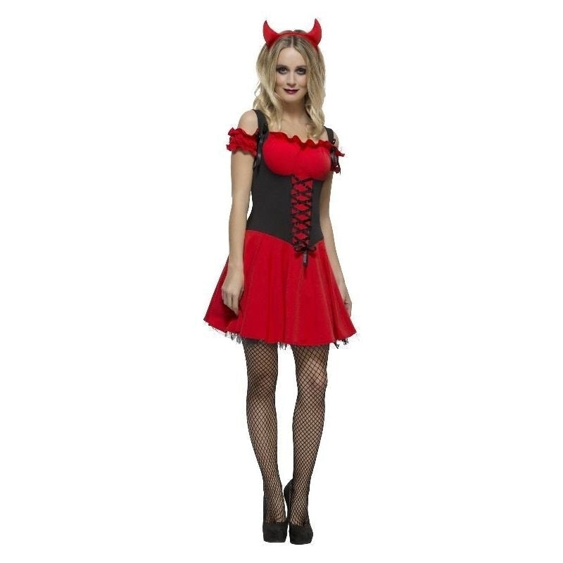 Wicked Devil Costume Adult Red Black Dress Underskirt and Horns Headband 1