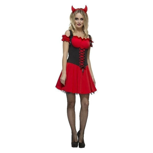 Wicked Devil Costume Adult Red Black Dress Underskirt and Horns Headband 1
