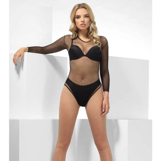 Fishnet High Leg Bodysuit Long Sleeve Black 1