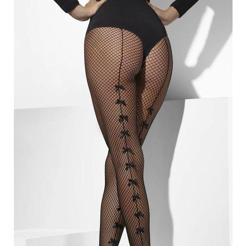 Fishnet Tights Adult Black with Satin Bows_1