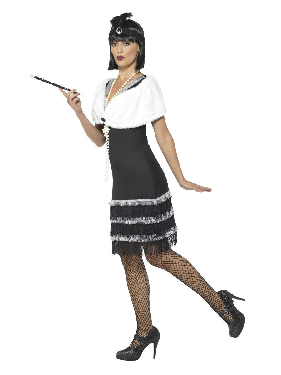 Flapper Costume Ladies Black Dress Headband and White Faux Fur Stole 2