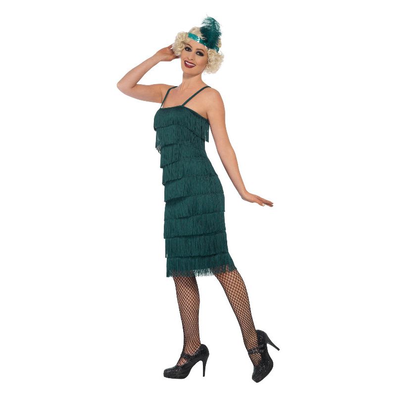 Flapper Costume Long Green Dress Headband and Gloves 3