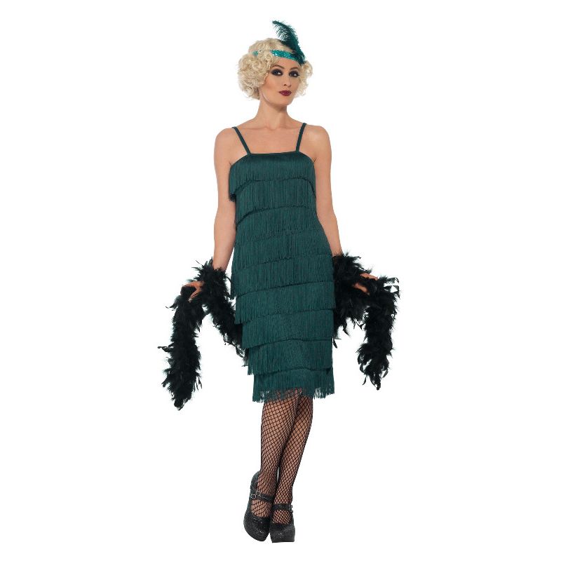Flapper Costume Long Green Dress Headband and Gloves 1