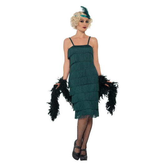 Flapper Costume Long Green Dress Headband and Gloves 1