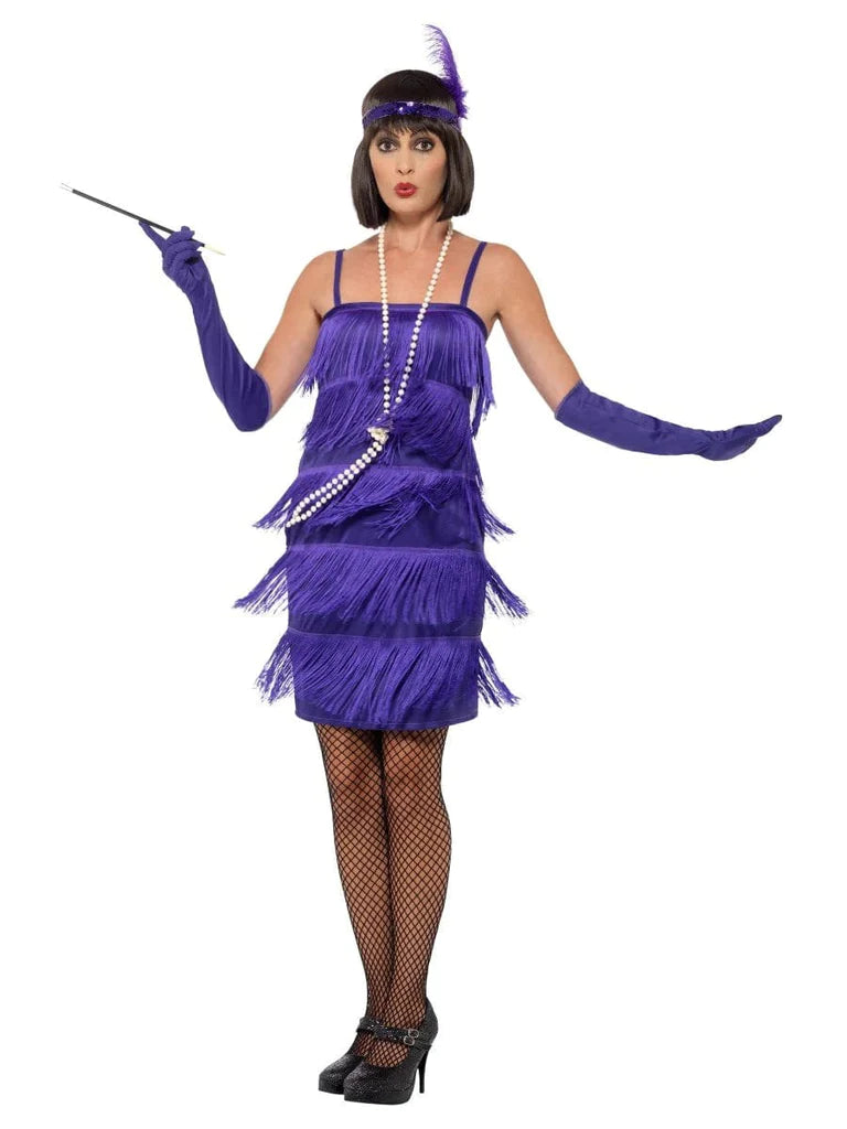 Flapper Dress Costume Adult Short Purple Dress Feather Headband and Long Gloves 1