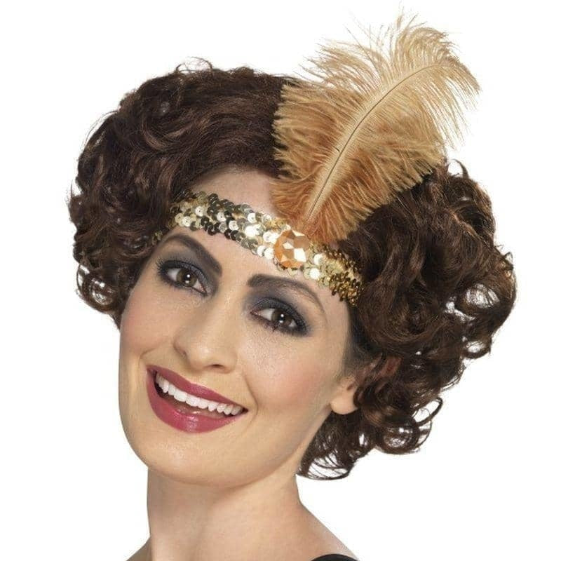 Flapper Headband Gold Sequin with Feather Adult Costume Accessory 2