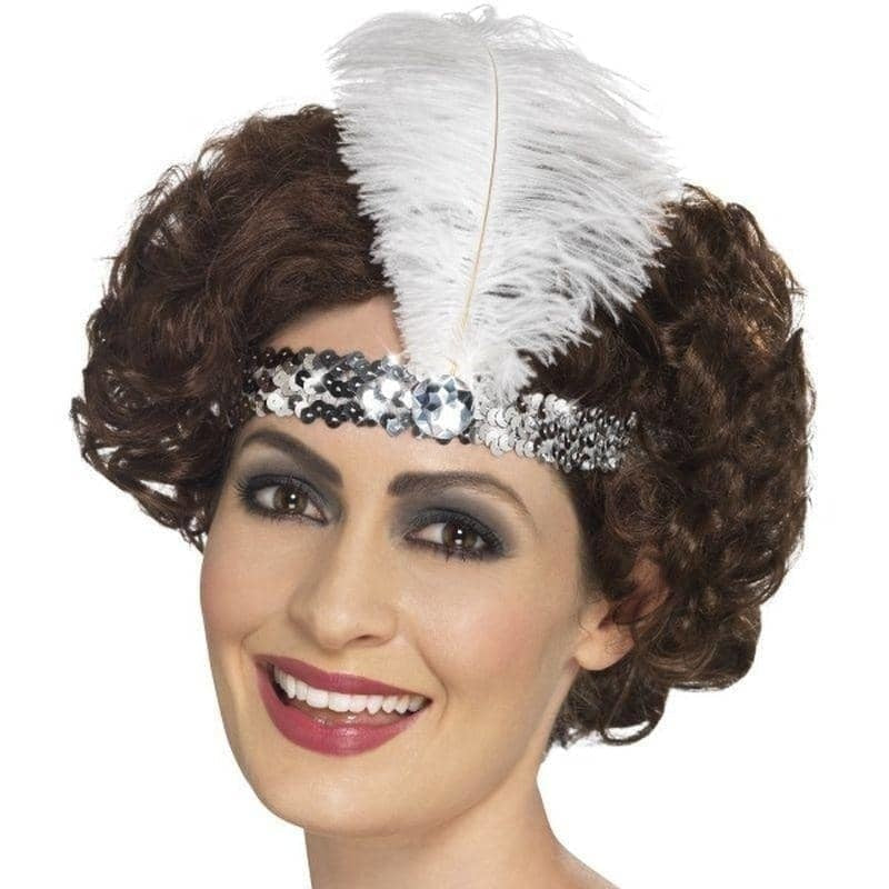 Flapper Headband Silver with White Feather Adult Costume Accessory 2