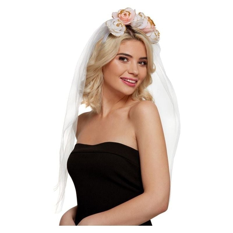 Floral Headband White and Pink Flowers with Long White Veil Wedding Accessory 1