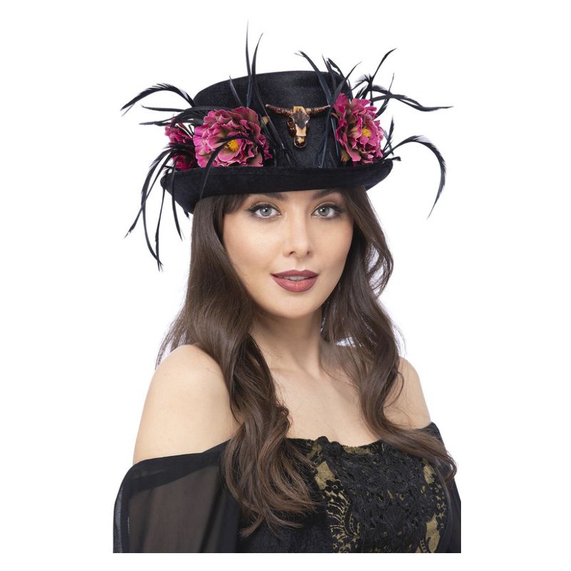 Floral Horn Top Hat Adult Black Pink Peony Flowers Black Feathers 1