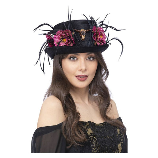 Floral Horn Top Hat Adult Black Pink Peony Flowers Black Feathers 1