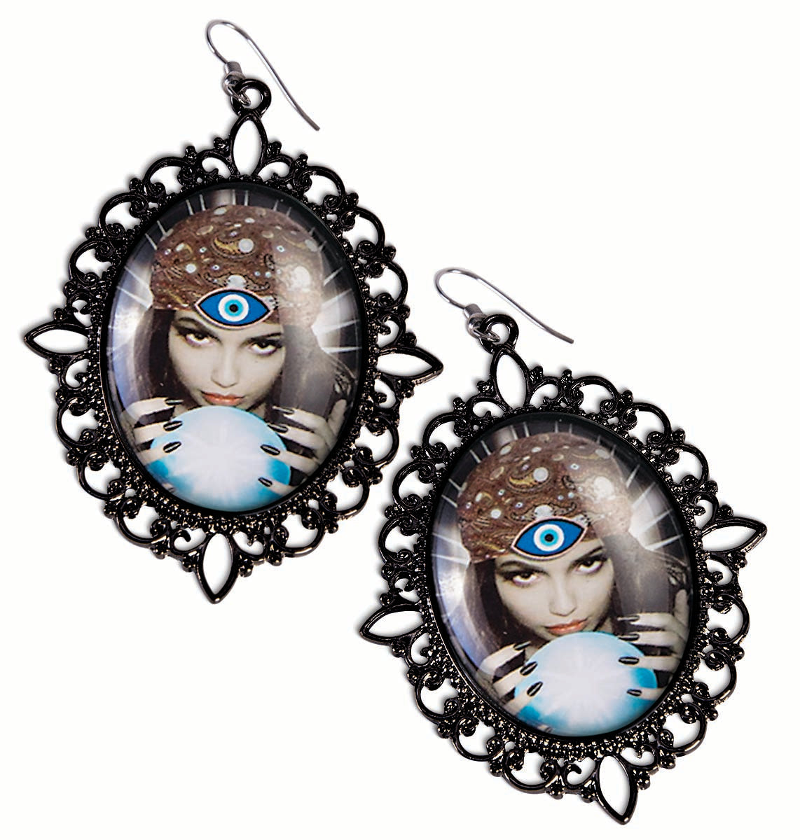 Fortune Teller Cameo Earrings Gypsy Crystal Ball Costume Jewelry 1