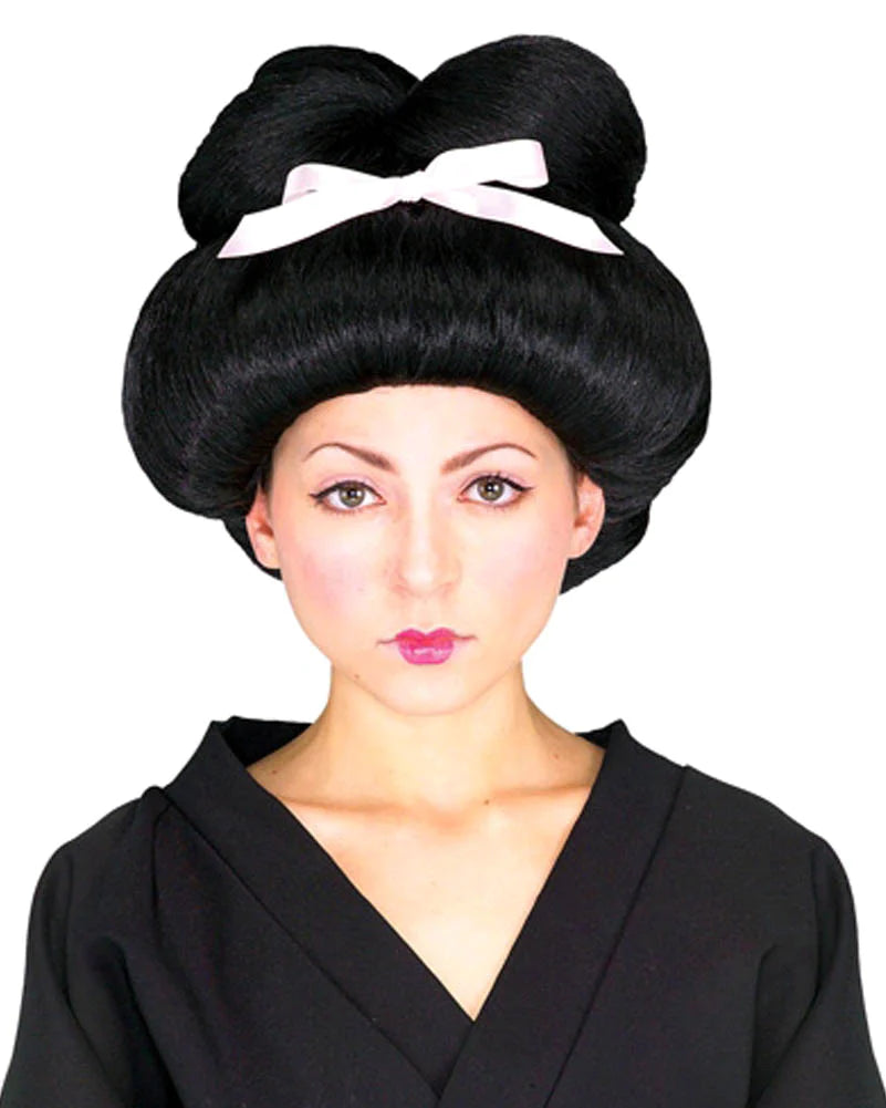 Geisha Woman Black Wig Pink Bow 1