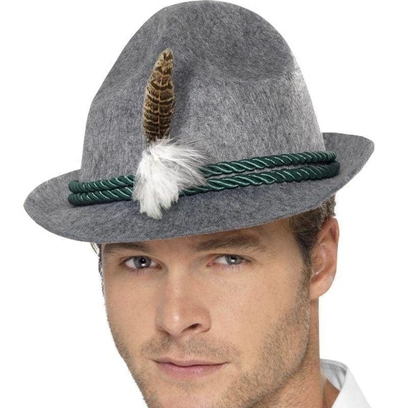 German Trenker Hat With Feather Adult Grey_1