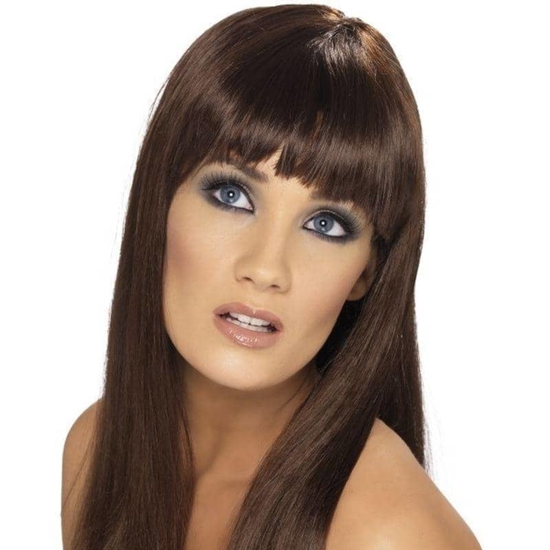 Glamourama Wig Brown Long Straight with Fringe Costume Hair 2