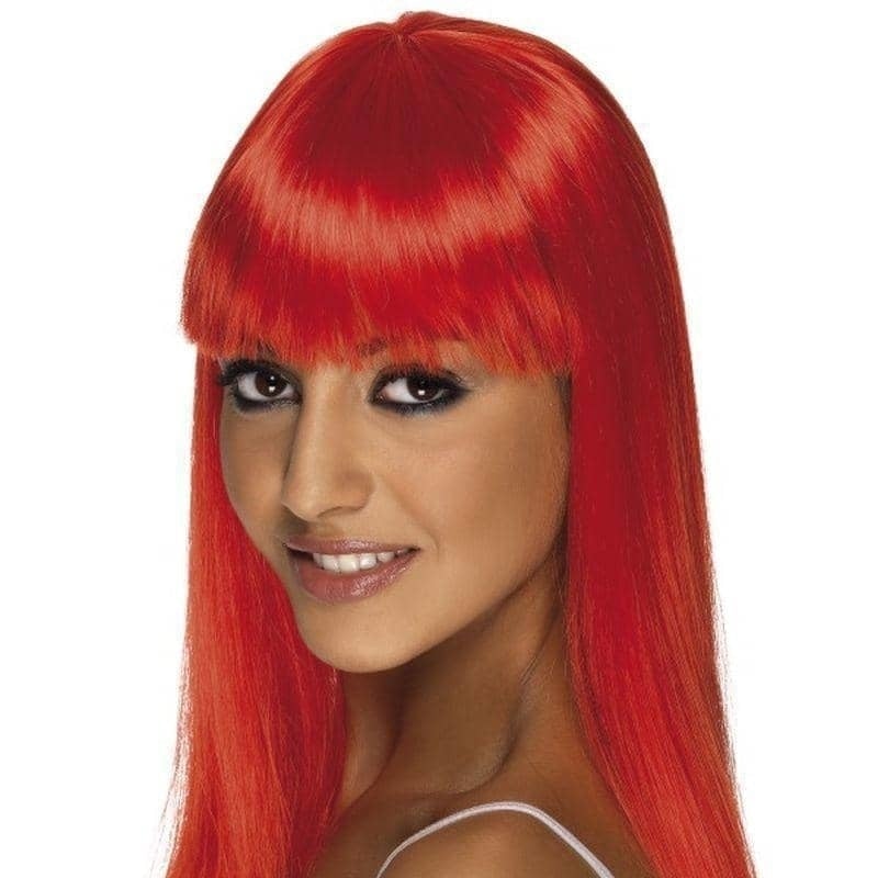Neon Red Long Straight Wig with Fringe Glamourama Style 2