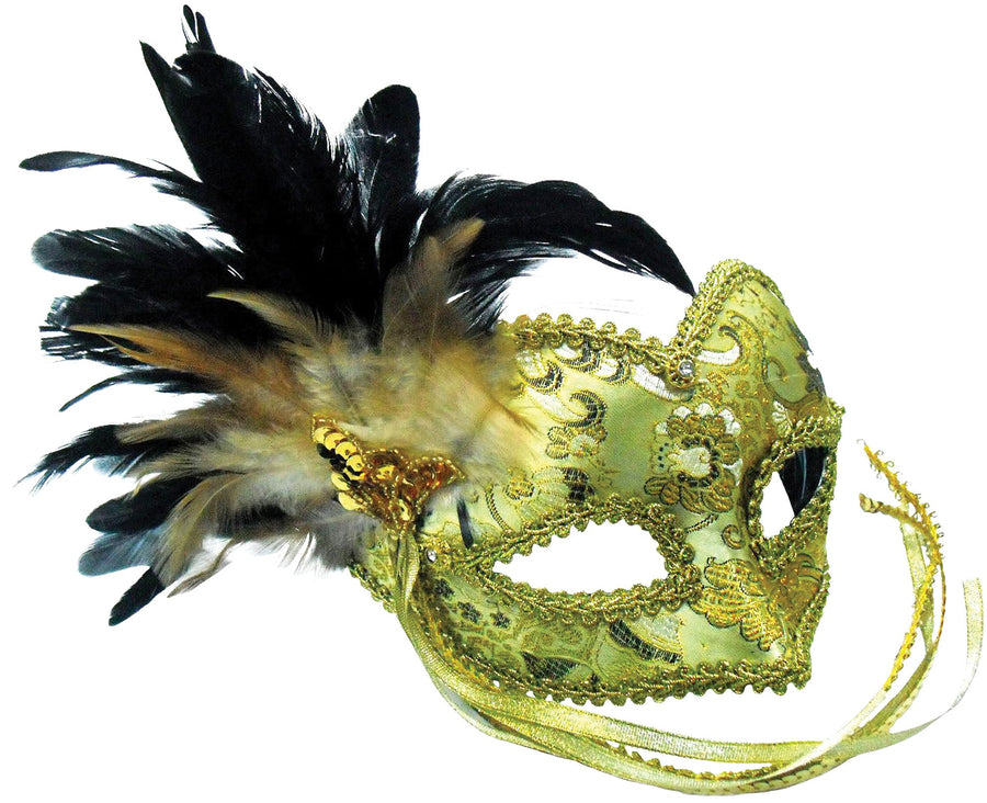 Gold & Braided Eye Pattern Mask Masquerade with Feathers_1