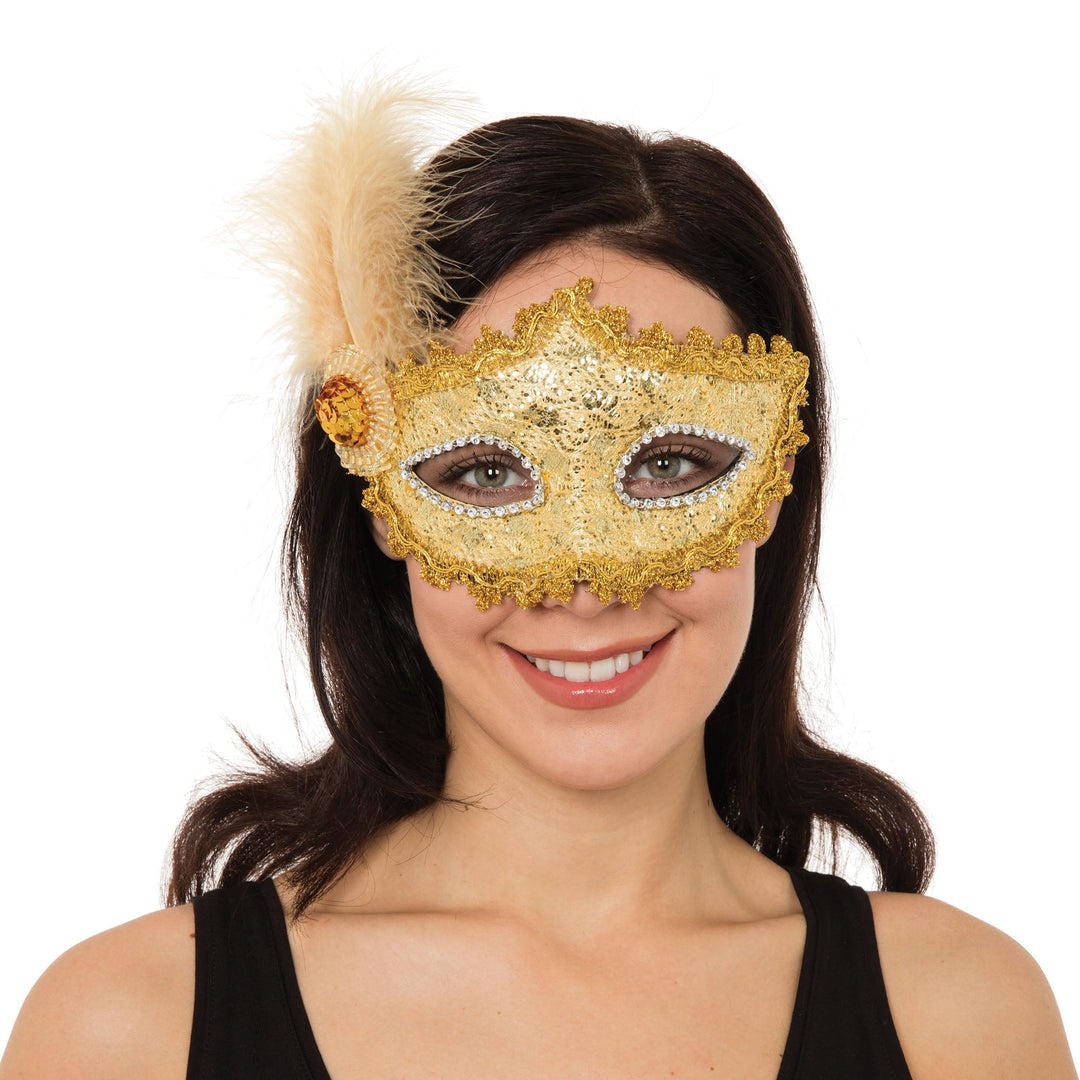 Gold Braided Eyemask With Feather +stone Eye Masks Female_1 EM106