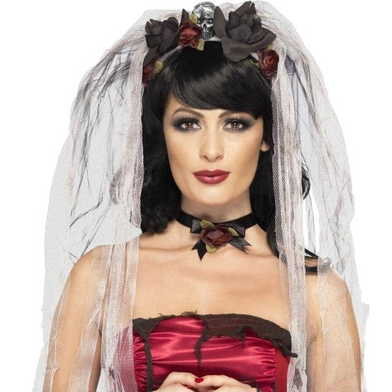 Gothic Bride Kit Adult Black and White with Rose and Skull Veil Choker and Gloves 2