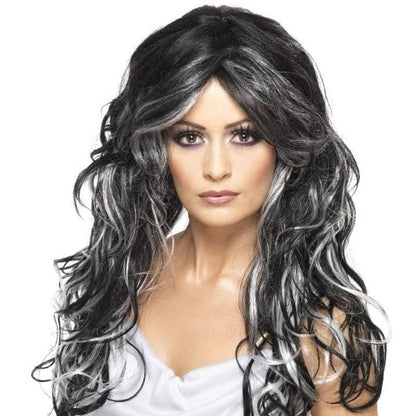 Gothic Bride Wig Long Black and White Streaked Adult Costume Hair 2
