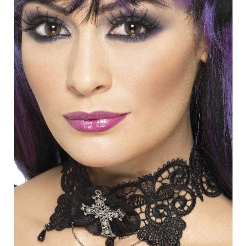Gothic Lace Choker Adult Black Ornate with Jewelled Cross 2