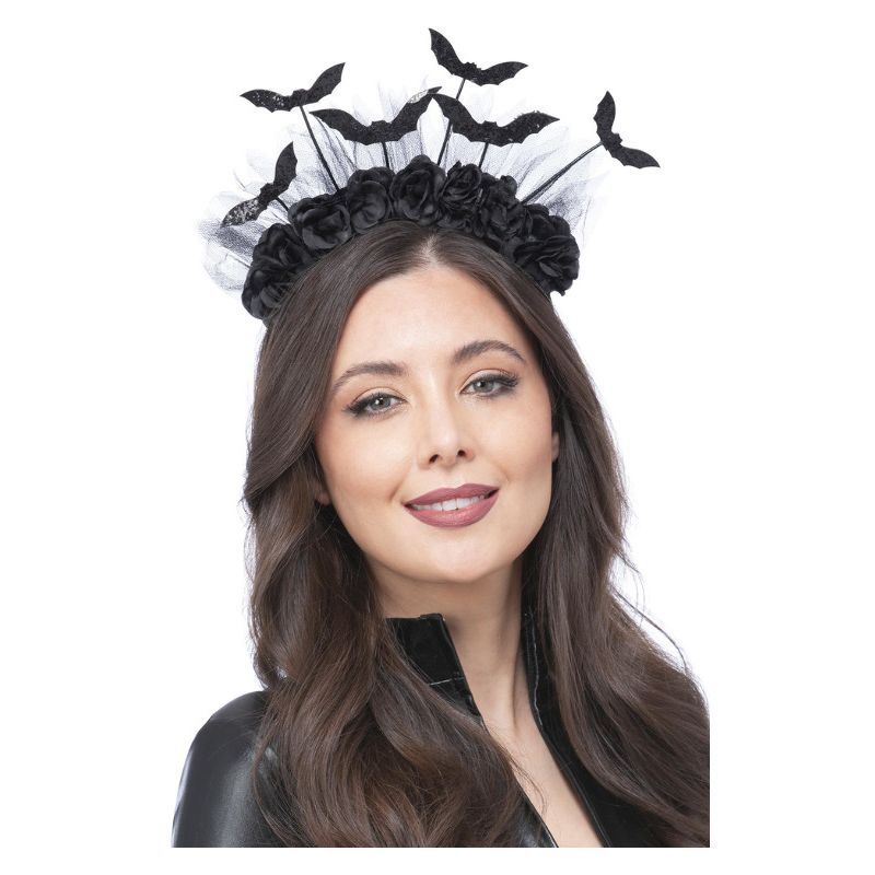Gothic Black Rose and Bat Bopper Adult Headband Halloween Accessory 1