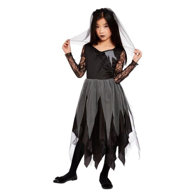 Graveyard Bride Costume Black Dress and Veiled Headband for Girls 1
