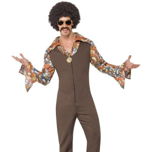 Groovy Boogie Costume Adult Brown Jumpsuit Attached Shirt 1