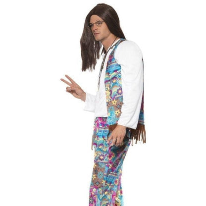 Groovy Hippie Costume Adult Blue Floral Top with Attached Waistcoat Trousers Headband 3