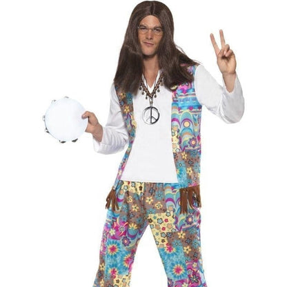 Groovy Hippie Costume Adult Blue Floral Top with Attached Waistcoat Trousers Headband 1