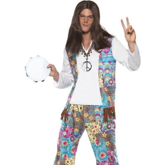 Groovy Hippie Costume Adult Blue Floral Top with Attached Waistcoat Trousers Headband 1