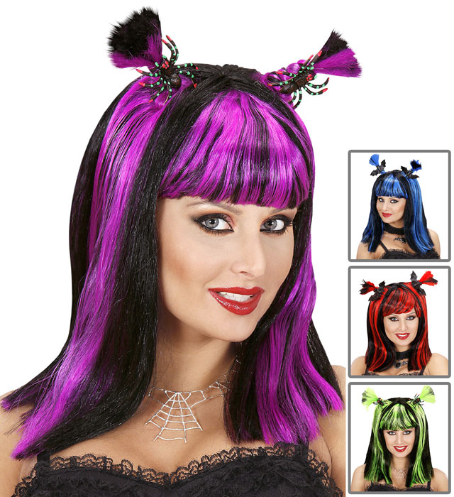 Halloween Wig With Spiders / Bats 4 Colors Ass. - In Box