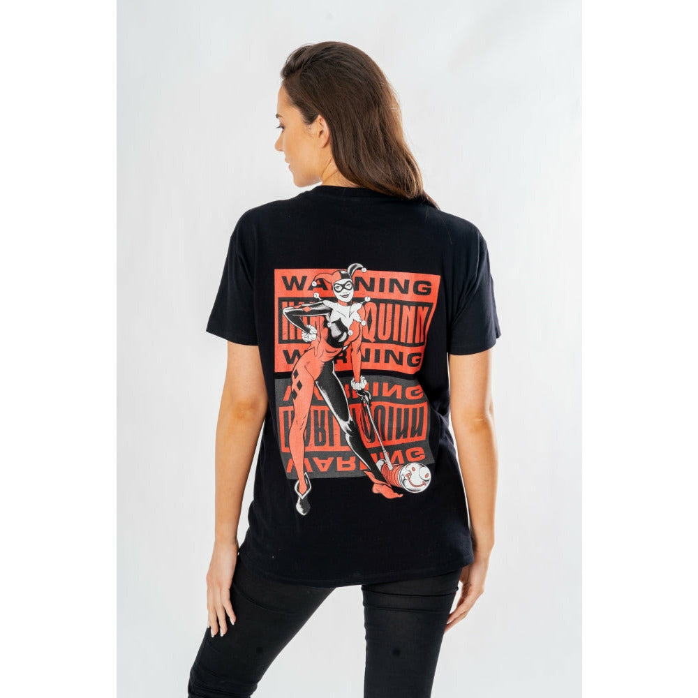 Harley Quinn Adult Black Front Back Warning T-Shirt DC 1