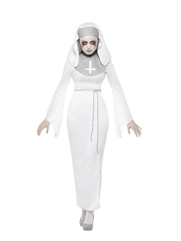 Haunted Asylum Nun Costume Adult White Dress Belt and Headpiece 1