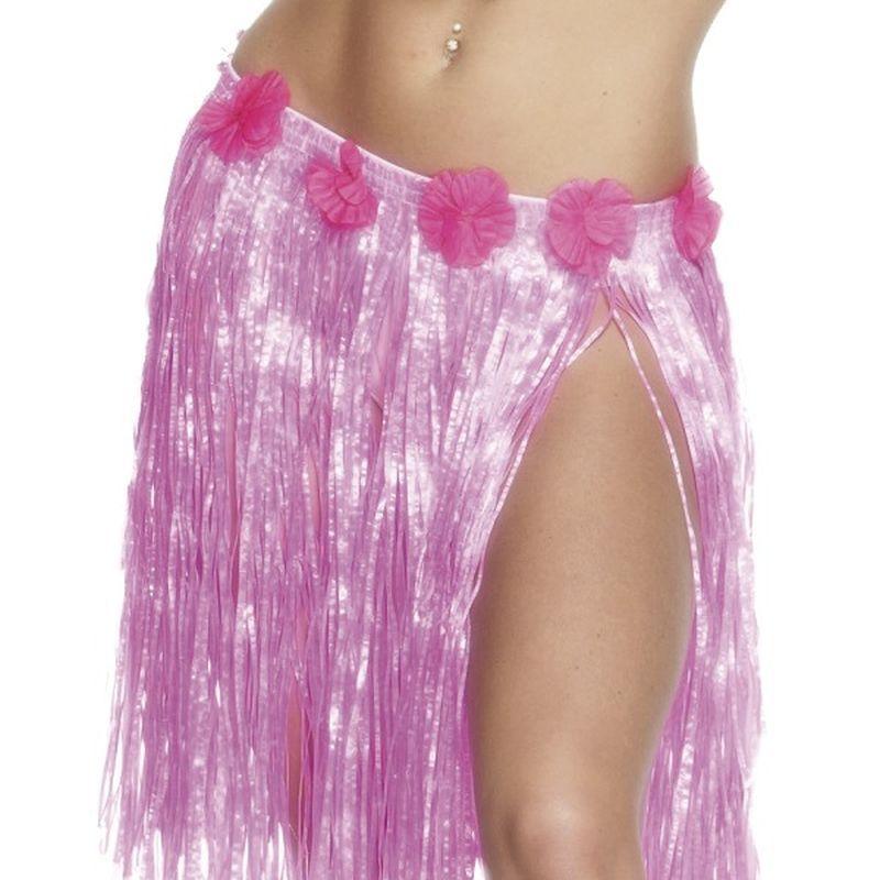 Hawaiian Hula Skirt Adult Neon Pink With Flowers 46cm_1