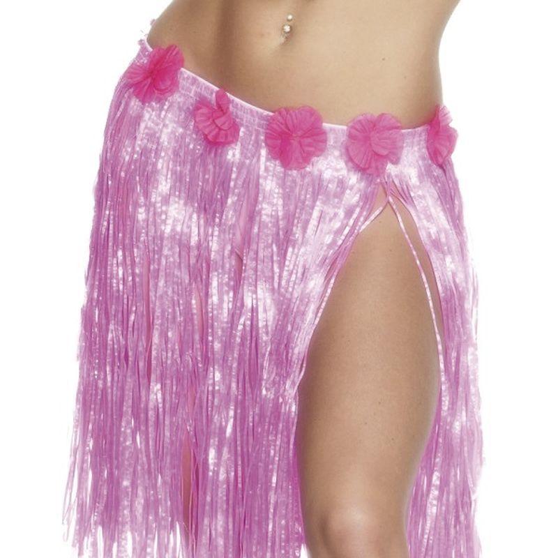 Hawaiian Hula Skirt Adult Neon Pink with Flowers 46cm 1