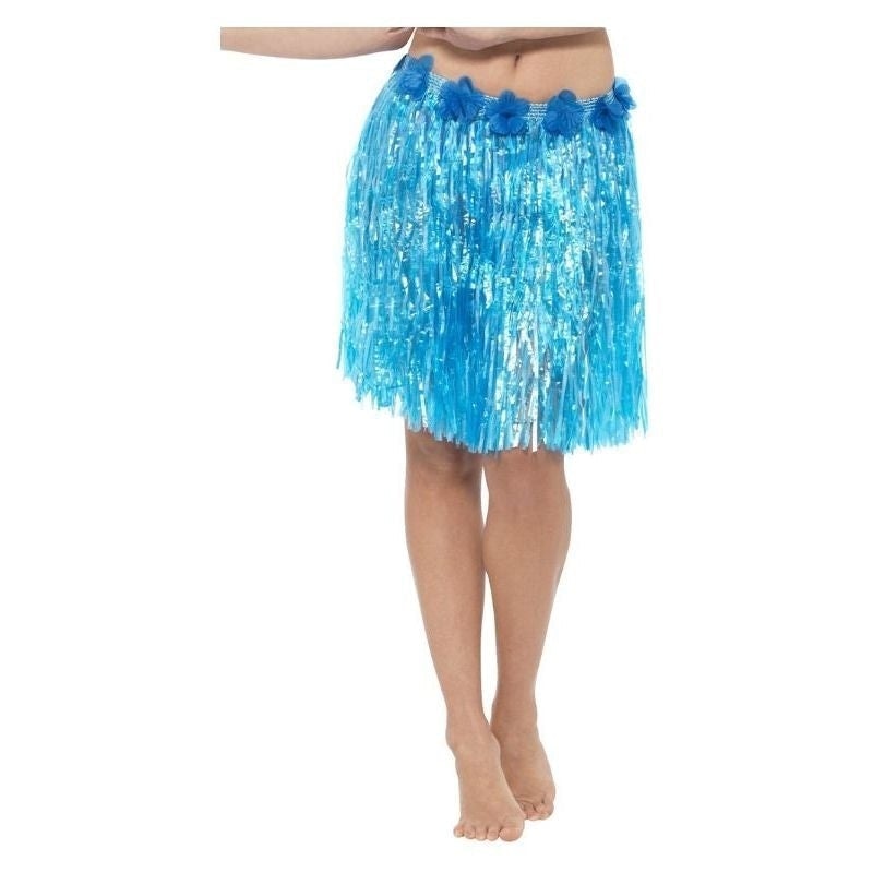 Hawaiian Hula Skirt with Flowers Adult Neon Blue 2