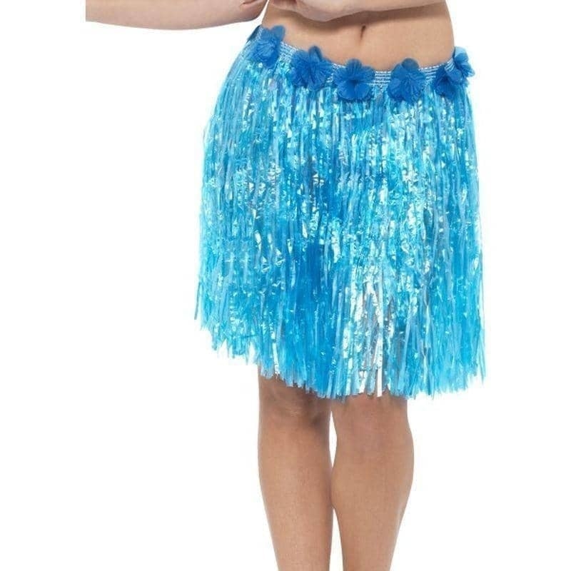 Hawaiian Hula Skirt With Flowers Adult Neon Blue_1
