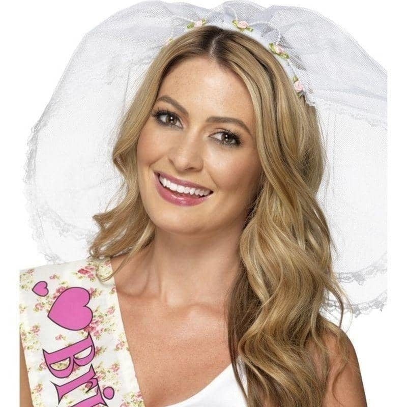 Hen Night Veil White Small Pink Flowers with Headband 2
