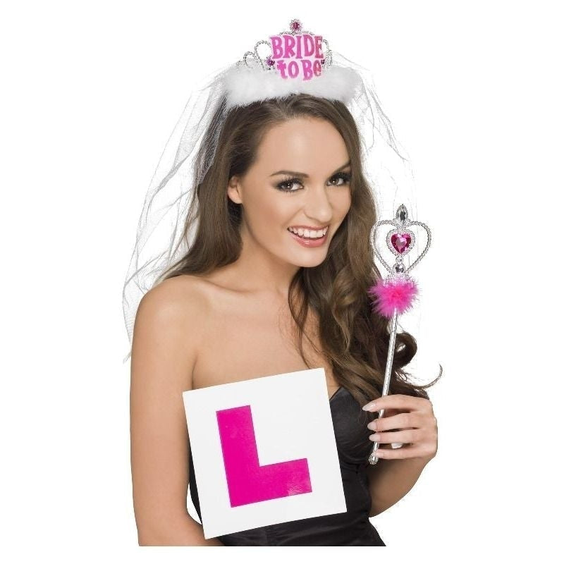 Hen Party Kit Adult Pink White Tiara L Plate and Wand 1