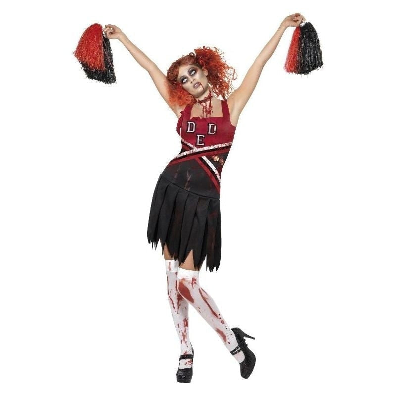High School Horror Cheerleader Adult Costume Red Zombie Dress and Pom Poms 1