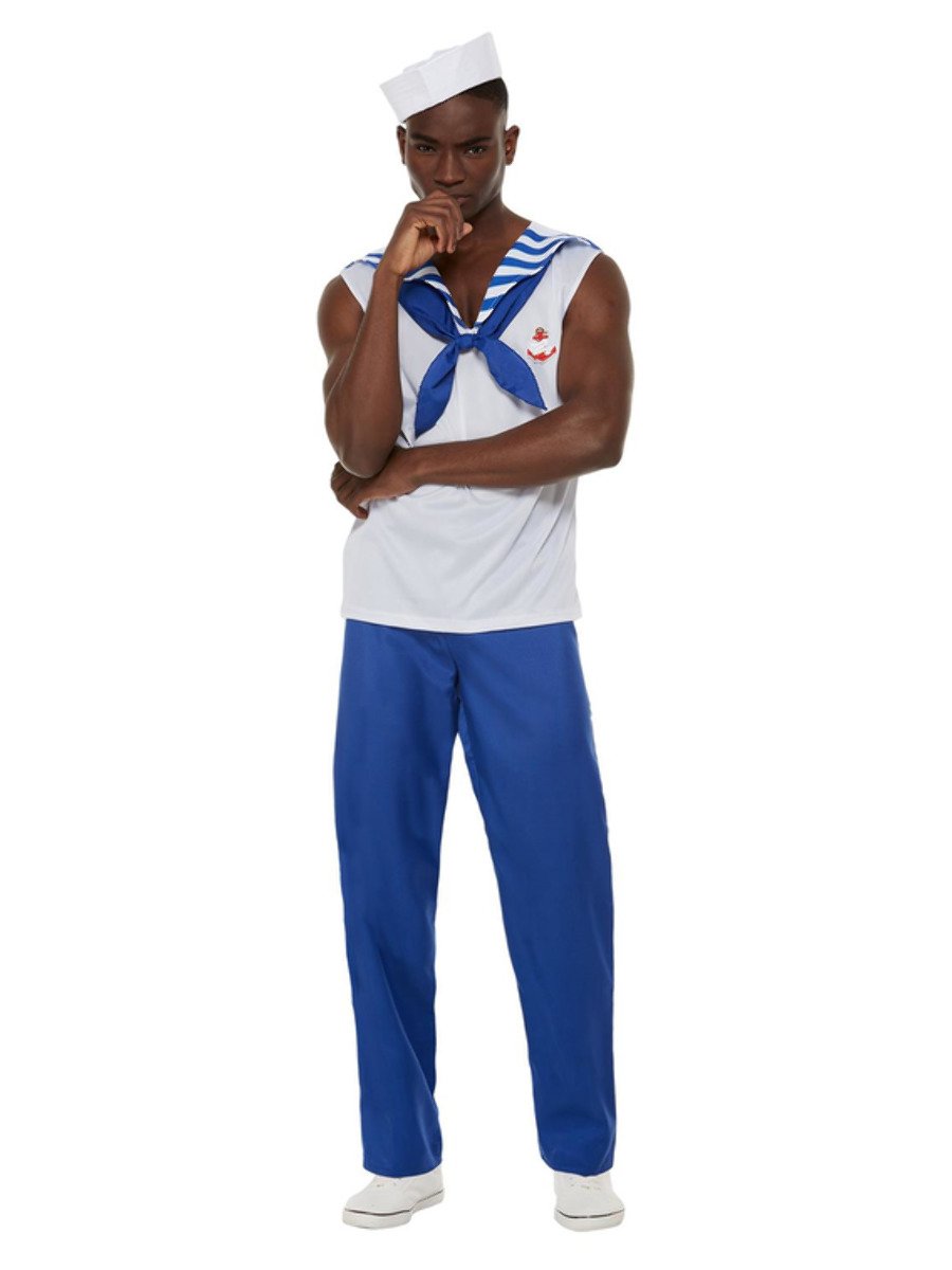 High Seas Sailor Costume Mens White Top Blue Trousers Dough Boy Hat 2